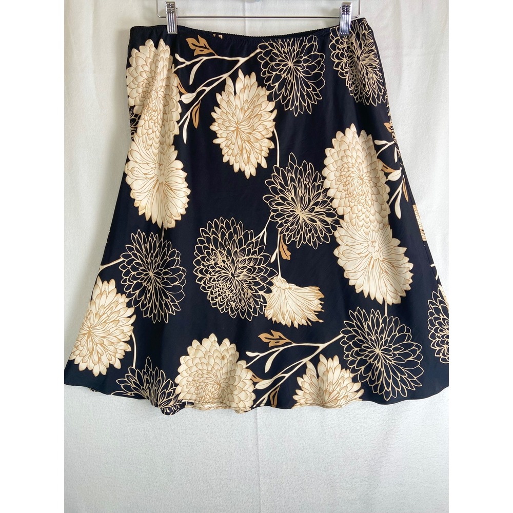 Amanda Smith Pure Silk Floral Midi Skirt Black Tan Chrysanthemum XL RN 13711